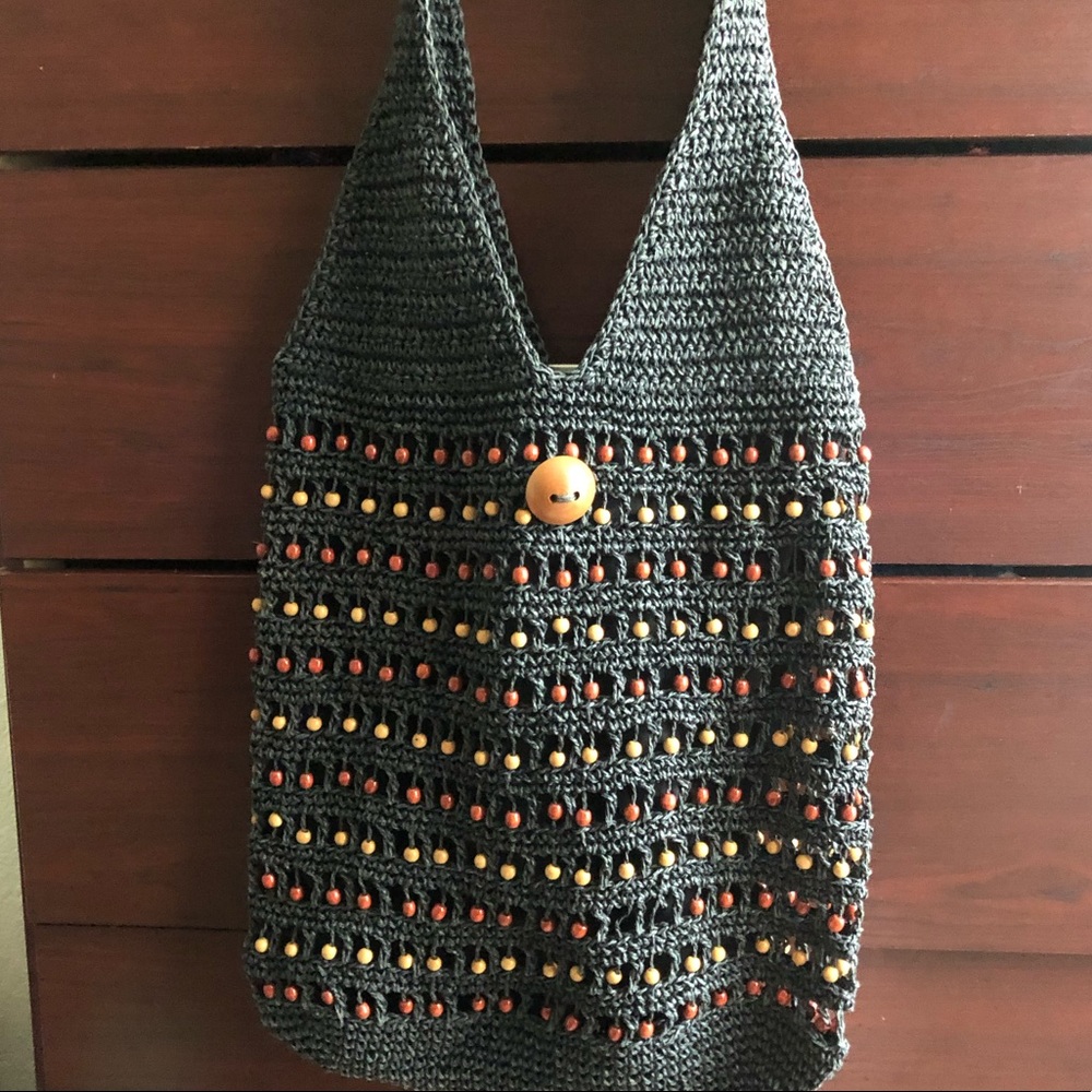 Black Straw Beaded Shoulder Bag